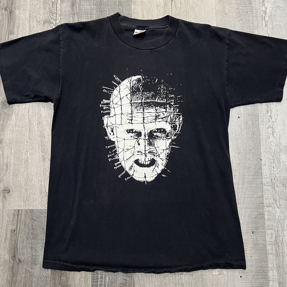 VTG Clive Barker Hellraiser Black Pin Head Big Face 90s Horror Movie T Shirt